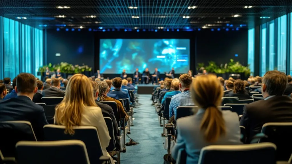 A business ecosystem summit, with leaders from various sectors discussing innovation and sustainability in a futuristic, eco-conscious setting.